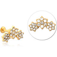 GOLD PVD COATED SURGICAL STEEL INTERNALLY THREADED JEWELLED MICRO LABRET - FLOWER PIERCING