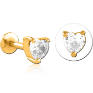 GOLD PVD COATED SURGICAL STEEL INTERNALLY THREADED JEWELLED MICRO LABRET - HEART