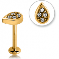 GOLD PVD COATED SURGICAL STEEL INTERNALLY THREADED JEWELLED MICRO LABRET - TEAR DROP PIERCING