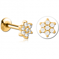 GOLD PVD COATED SURGICAL STEEL INTERNALLY THREADED JEWELLED MICRO LABRET - FLOWER PIERCING