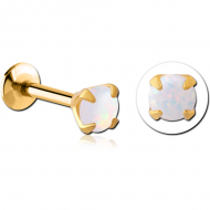 GOLD PVD COATED SURGICAL STEEL INTERNALLY THREADED MICRO LABRET WITH PRONG SET ROUND SYNTHETIC OPAL ATTACHMENT PIERCING
