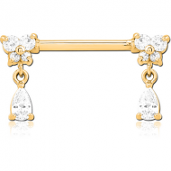 GOLD PVD COATED SURGICAL STEEL NIPPLE PIERCING INTERNAL THREADED BAR WITH MOVING CHARM FINE JEWELLED PIERCING