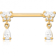 GOLD PVD COATED SURGICAL STEEL NIPPLE PIERCING INTERNAL THREADED BAR WITH MOVING CHARM FINE JEWELLED