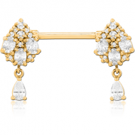 GOLD PVD COATED SURGICAL STEEL NIPPLE PIERCING INTERNAL THREADED BAR WITH MOVING CHARM FINE JEWELLED