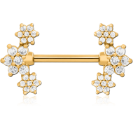 GOLD PVD COATED SURGICAL STEEL NIPPLE PIERCING INTERNAL THREADED BAR WITH MOVING CHARM FINE JEWELLED