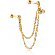 GOLD PVD COATED SURGICAL STEEL JEWELLED TRAGUS MICRO BARBELLS CHAIN LINKED - BOW