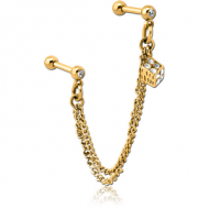 GOLD PVD COATED SURGICAL STEEL JEWELLED TRAGUS MICRO BARBELLS CHAIN LINKED - RUBIK PIERCING