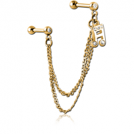 GOLD PVD COATED SURGICAL STEEL JEWELLED TRAGUS MICRO BARBELLS CHAIN LINKED - MUSIC NOTE