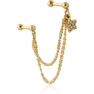 GOLD PVD COATED SURGICAL STEEL JEWELLED TRAGUS MICRO BARBELLS CHAIN LINKED - STAR PIERCING