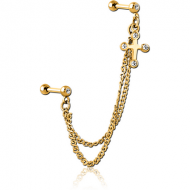 GOLD PVD COATED SURGICAL STEEL JEWELLED TRAGUS MICRO BARBELLS CHAIN LINKED - CROSS PIERCING