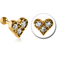 GOLD PVD COATED SURGICAL STEEL JEWELLED TRAGUS MICRO BARBELL - HEART PIERCING