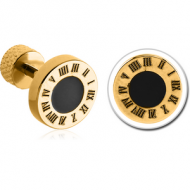 GOLD PVD COATED SURGICAL STEEL TRAGUS BARBELL - ROMAN CLOCK