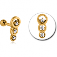 GOLD PVD COATED SURGICAL STEEL JEWELLED TRAGUS MICRO BARBELL - THREE CIRCLES PIERCING