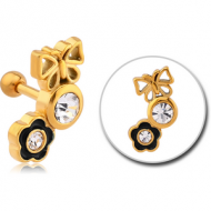 GOLD PVD COATED SURGICAL STEEL JEWELLED TRAGUS MICRO BARBELL WITH ENAMEL - BUTTERFLY DROP FLOWER