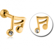 GOLD PVD COATED SURGICAL STEEL JEWELLED TRAGUS MICRO BARBELL - MUSIC NOTE