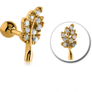 GOLD PVD COATED SURGICAL STEEL LEAF JEWELLED TRAGUS MICRO BARBELL - LEAF PIERCING
