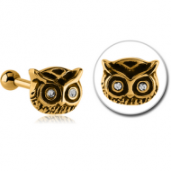 GOLD PVD COATED SURGICAL STEEL JEWELLED TRAGUS MICRO BARBELL - OWL PIERCING