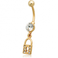 GOLD PVD COATED WHITE METAL JEWELLED NAVEL BANANA WITH DANGLING LOCK PIERCING