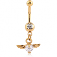 GOLD PVD COATED SURGICAL STEEL JEWELLED MINI NAVEL BANANA WITH WINGS HEART CHARM