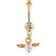 GOLD PVD COATED SURGICAL STEEL JEWELLED MINI NAVEL BANANA WITH WINGS HEART CHARM PIERCING