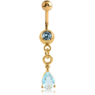 GOLD PVD COATED SURGICAL STEEL JEWELLED MINI NAVEL BANANA WITH PRONG SET PEAR CHARM PIERCING