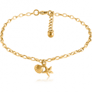GOLD PVD COATED SURGICAL STEEL OVAL ROLLO CHAIN ANKLET WITH CHARM - SEASHELL STARFISH