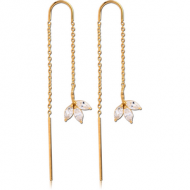 GOLD PVD COATED SURGICAL STEEL CHAIN JEWELLED EARRINGS PAIR - LEAF