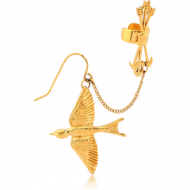 GOLD PVD COATED SURGICAL STEEL EAR CUFF WITH CHAIN AND EARRING - BIRD