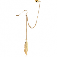 GOLD PVD COATED SURGICAL STEEL EAR CUFF WITH CHAIN AND EARRING - DANGLING FEATHER