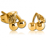 GOLD PVD COATED SURGICAL STEEL EAR STUDS PAIR - CHERRY