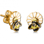 GOLD PVD COATED SURGICAL STEEL EAR STUDS PAIR - BEE ON FLOWER