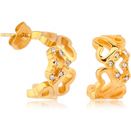 GOLD PVD COATED SURGICAL STEEL JEWELLED EAR STUDS PAIR - U SHAPE HEARTS