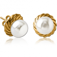 GOLD PVD COATED SURGICAL STEEL EAR STUDS PAIR WITH SYNTATIC PEARL - FILIGREE