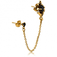GOLD PVD COATED SURGICAL STEEL JEWELLED EAR STUDS WITH CONNECTING CHAIN - ANCHOR CROSS