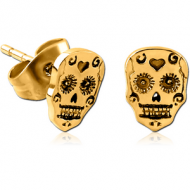 GOLD PVD COATED SURGICAL STEEL EAR STUDS PAIR - FANCY SKULL