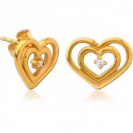 GOLD PVD COATED SURGICAL STEEL JEWELLED EAR STUDS PAIR - HEART