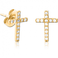 GOLD PVD COATED SURGICAL STEEL JEWELLED EAR STUDS PAIR - CROSS
