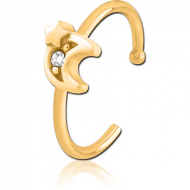 GOLD PVD COATED SURGICAL STEEL JEWELLED OPEN NOSE RING - CRESCENT AND STAR PIERCING