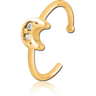 GOLD PVD COATED SURGICAL STEEL JEWELLED OPEN NOSE RING - CRESCENT PRONGS PIERCING
