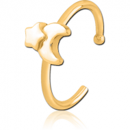 GOLD PVD COATED SURGICAL STEEL OPEN NOSE RING - CRESCENT AND STAR PIERCING