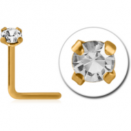 GOLD PVD COATED SURGICAL STEEL 90 DEGREE PRONG SET 2 MM JEWELLED NOSE STUD PIERCING