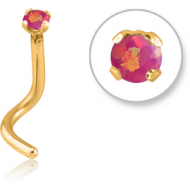 GOLD PVD COATED SURGICAL STEEL CURVED PRONG SET 2MM JEWELLED NOSE STUD WITH SYNTHETIC OPAL PIERCING