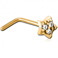 GOLD PVD COATED SURGICAL STEEL 90 DEGREE JEWELLED NOSE STUD - STAR