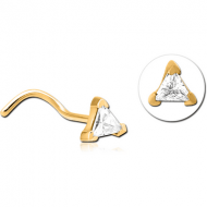 GOLD PVD COATED SURGICAL STEEL CURVED JEWELLED NOSE STUD - TRIANGLE PIERCING