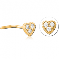 GOLD PVD COATED SURGICAL STEEL 90 DEGREE JEWELLED NOSE STUD - HEART