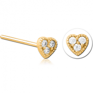 GOLD PVD COATED SURGICAL STEEL STRAIGHT JEWELLED NOSE STUD - HEART