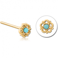 GOLD PVD COATED SURGICAL STEEL STRAIGHT JEWELLED NOSE STUD - FLOWER