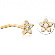 GOLD PVD COATED SURGICAL STEEL 90 DEGREE JEWELLED NOSE STUD -FLOWER