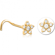 GOLD PVD COATED SURGICAL STEEL CURVED JEWELLED NOSE STUD - FLOWER