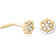 GOLD PVD COATED SURGICAL STEEL 90 DEGREE JEWELLED NOSE STUD - FLOWER